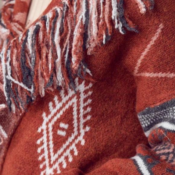 Brick Red Tribal Print Fringe Open Front Cardigan - Picture 7 of 8